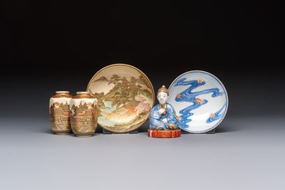 A Japanese Satsuma bowl, a pair of vases, a polychrome figure, and a marked Koransha bowl, 19/20th C.