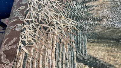 A Japanese silk embroidery with cranes and bamboo, Keibun mark, Meiji, 19th C. — photo 3