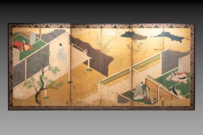 A Japanese six-panel 'byobu' screen: ink, colour and gold leaf on paper, with silk border, Edo, 18th C.