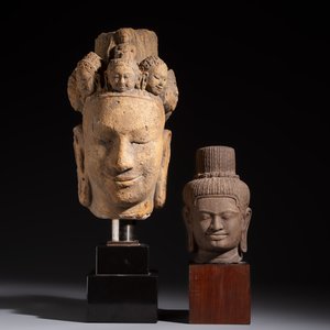 A Khmer-style carved stone head and a carved stone head of a deity, Cambodia and Thailand, 20th C. or earlier — photo 2