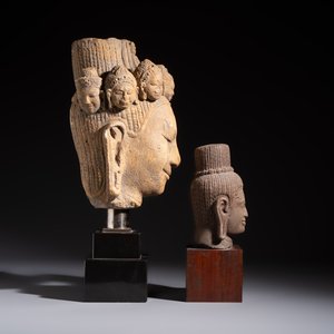 A Khmer-style carved stone head and a carved stone head of a deity, Cambodia and Thailand, 20th C. or earlier — photo 5