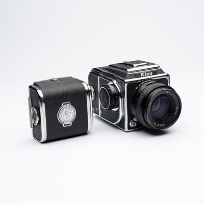 A Kiev-88 with an Arsat-B 80mm F2.8 lens and an additional back