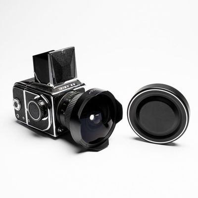 A Kiev 88 with Zodiak-B 30mm F3.5 fisheye lens, waist-level viewfinder and film back