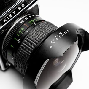 A Kiev 88 with Zodiak-B 30mm F3.5 fisheye lens, waist-level viewfinder and film back — photo 9
