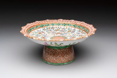 A large and fine Chinese Canton famille rose 'birds among flowering branches' Bencharong tazza for the Thai market, 19th C.