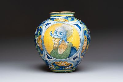 A large and fine Italian maiolica drug jar or 'vaso a palla' with two male portrait busts, workshop of Maestro Domenico, Venice, 3rd quarter 16th C.