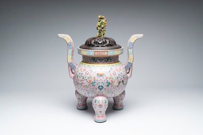 A large and impressive Chinese famille rose 'bajixiang and lotus scroll' censer with a wooden cover, Jiaqing mark and of the period