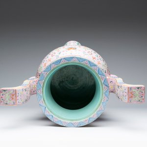 A large and impressive Chinese famille rose 'bajixiang and lotus scroll' censer with a wooden cover, Jiaqing mark and of the period — photo 6
