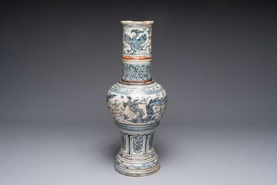 A large Annamese or Vietnamese blue and white inscribed two-piece altar vase, 16th C.