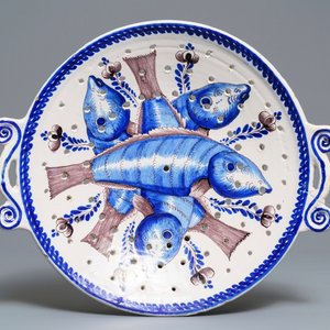 A large blue and manganese Frisian Delft fish strainer, Tichelaar, Makkum, 19th C. — photo 1