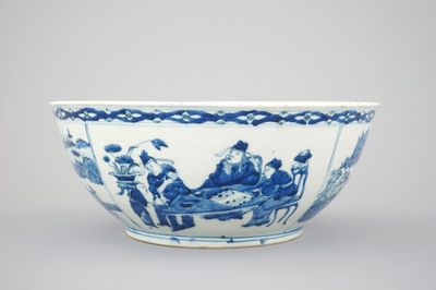 A large blue and white Chinese porcelain bowl with go players, Xuantong mark and probably of the period (1908-1912)