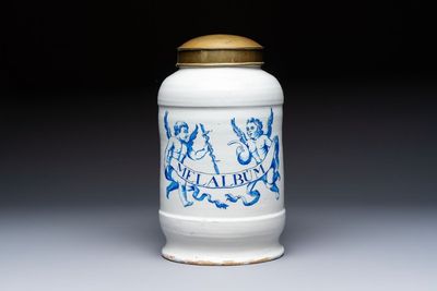 A large blue and white Dutch Delft albarello and cover inscribed 'MEL ALBUM', 18th C.