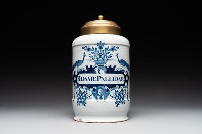A large blue and white Dutch Delft albarello, inscribed 'Rosar:Pallidar', 18th C.
