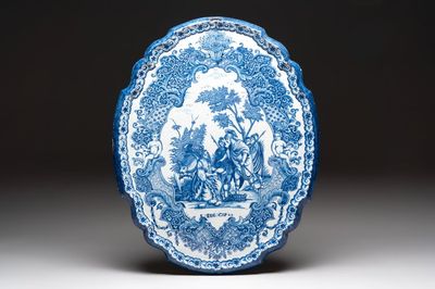 A large blue and white Dutch Delft 'biblical subject' plaque, 18th C.