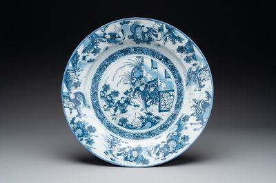 A large blue and white Dutch Delft chinoiserie dish, late 17th C.