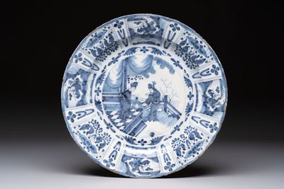 A large blue and white Dutch Delft chinoiserie dish, late 17th C.