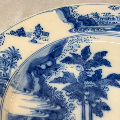 A large blue and white Dutch Delft chinoiserie dish with landscape and figural design — photo 2