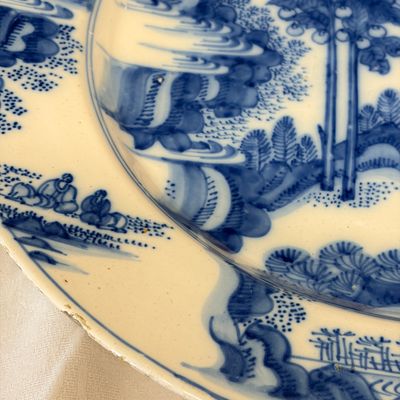 A large blue and white Dutch Delft chinoiserie dish with landscape and figural design — photo 3