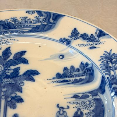 A large blue and white Dutch Delft chinoiserie dish with landscape and figural design — photo 4