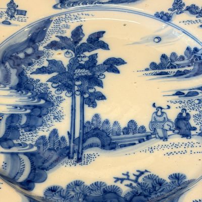 A large blue and white Dutch Delft chinoiserie dish with landscape and figural design — photo 6