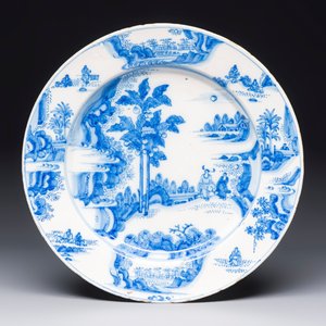 A large blue and white Dutch Delft chinoiserie dish with landscape and figural design — photo 1