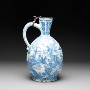 A large blue and white Dutch Delft chinoiserie jug with a mounted pewter lid, 17th C. — photo 5