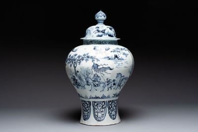 A large blue and white Dutch Delft chinoiserie vase and cover, late 17th C.