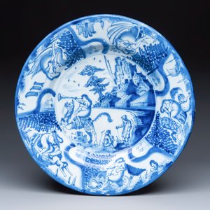 A large blue and white Dutch Delft mythological dish with a trumpet rider — photo 1