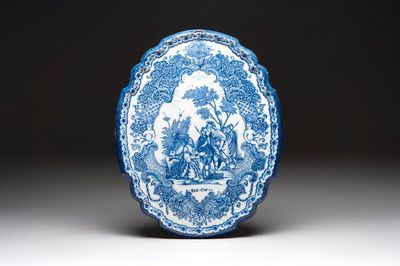 A large blue and white Dutch Delft plaque with the biblical scene of Abigail and David, 18th C.