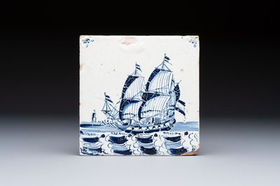 A large blue and white Dutch Delft 'Ship' tile, 17th C.
