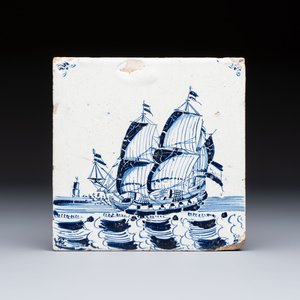 A large blue and white Dutch Delft 'Ship' tile, 17th C. — photo 1