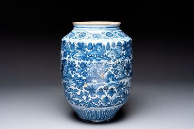 A large blue and white Italian maiolica albarello, Savona, 2nd half 17th C.