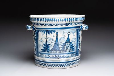 A large blue and white jardinière with landscape design, Nevers, 18th C.