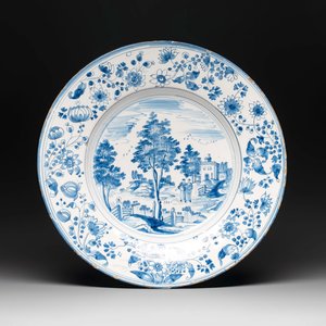 A large blue and white 'landscape and figures' dish, Frankfurt, 17th C. — photo 1