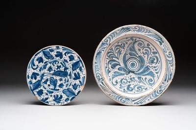 A large blue and white Spanish pottery dish and a 'leaping hare' tazza, Talavera, 17/18th C.