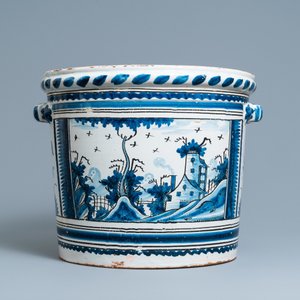 A large blue, white and manganese 'landscape' jardinière, Nevers, France, 18th C. — 照片 4