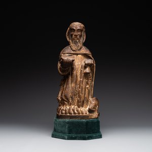 A large Burgundian stone sculpture of Saint Anthony the Great with attributes, France, 14th C. — foto 1