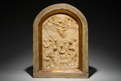 A large carved alabaster relief "The adoration of the shepherds", monogram IB, poss. Malines, 17th C.