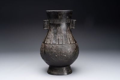 A large Chinese archaistic arrow vase with 'taotie' design, 'touhu 投壺', Yuan/Ming