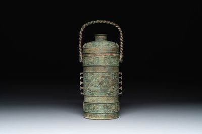 A large Chinese archaistic bronze wine vessel, 'you 卣', Ming