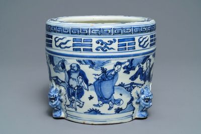 A large Chinese blue and white '8 immortals' censer, Wanli