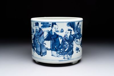 A large Chinese blue and white 'Ba Xian Zhu Shou 八仙祝壽‘ tripod censer, 19th C.