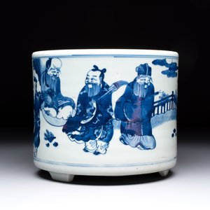 A large Chinese blue and white 'Ba Xian Zhu Shou 八仙祝壽‘ tripod censer, 19th C. — photo 3