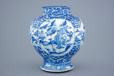 A large Chinese blue and white baluster jar with figurative panels, Ming Dynasty