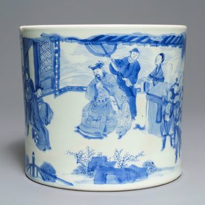 A large Chinese blue and white brush pot, bitong, Transitional period — photo 2