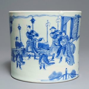 A large Chinese blue and white brush pot, bitong, Transitional period — photo 5