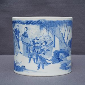 A large Chinese blue and white brush pot, bitong, Transitional period — photo 20
