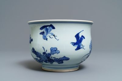 A large Chinese blue and white censer with birds among blossoms, Transitional period