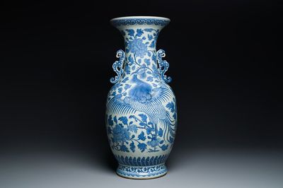 A large Chinese blue and white dragon-handled 'phoenix and peony' vase, 19th C.