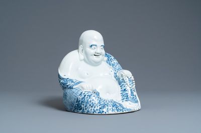 A large Chinese blue and white figure of Buddha, Fujian Huiguang mark, Republic